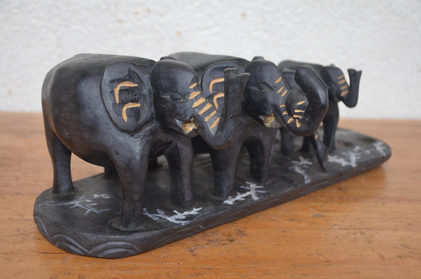 African Elephant Family – 16" Hand-Carved Wood Statue – Wildlife Herd Art