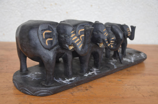 African Elephant Family – 16" Hand-Carved Wood Statue – Wildlife Herd Art