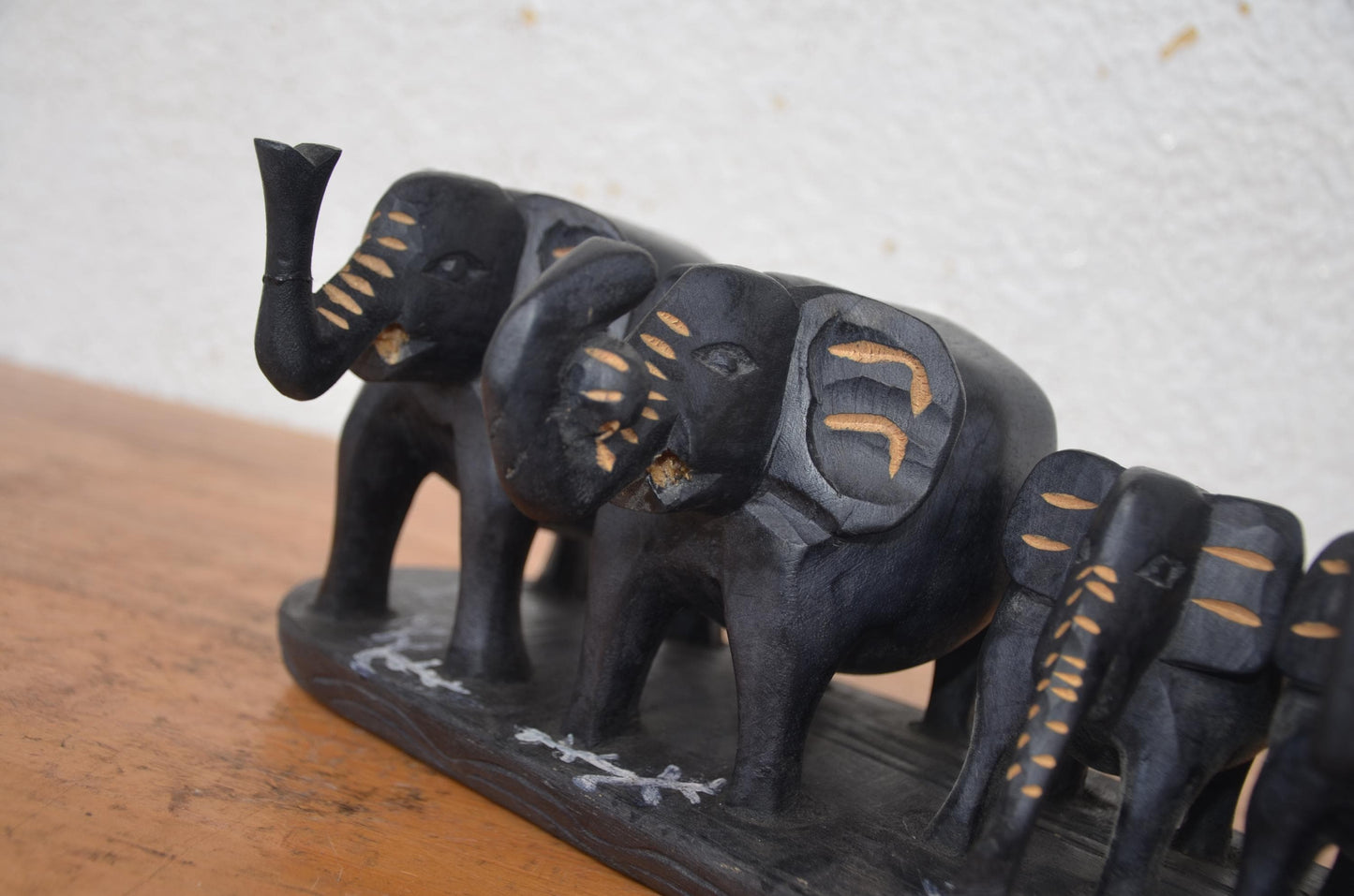African Elephant Family – 16" Hand-Carved Wood Statue – Wildlife Herd Art