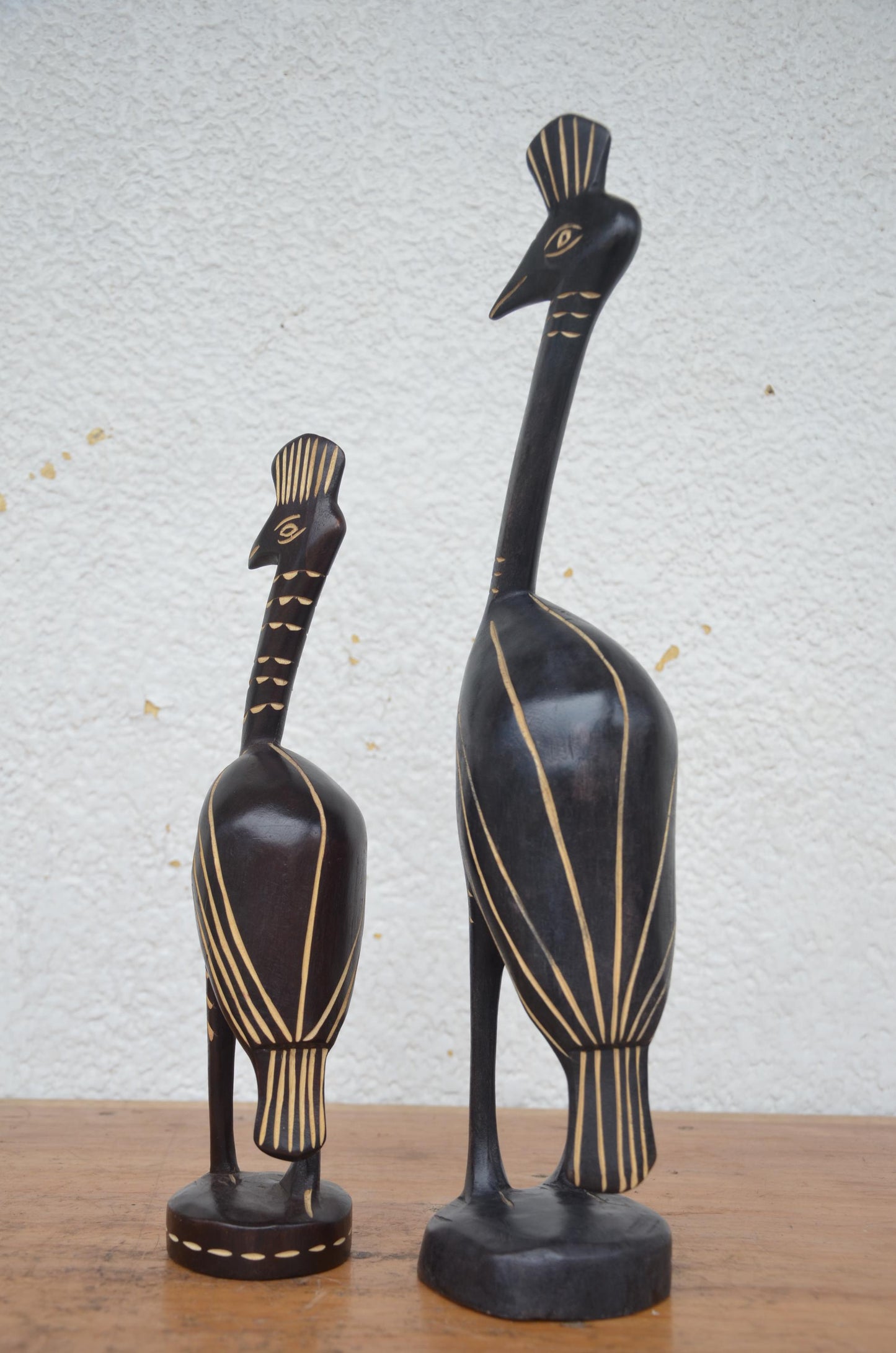 Rwandan Peacock Statues – 17" Hand-Carved Wood – Nyungwe Forest Mother & Kid