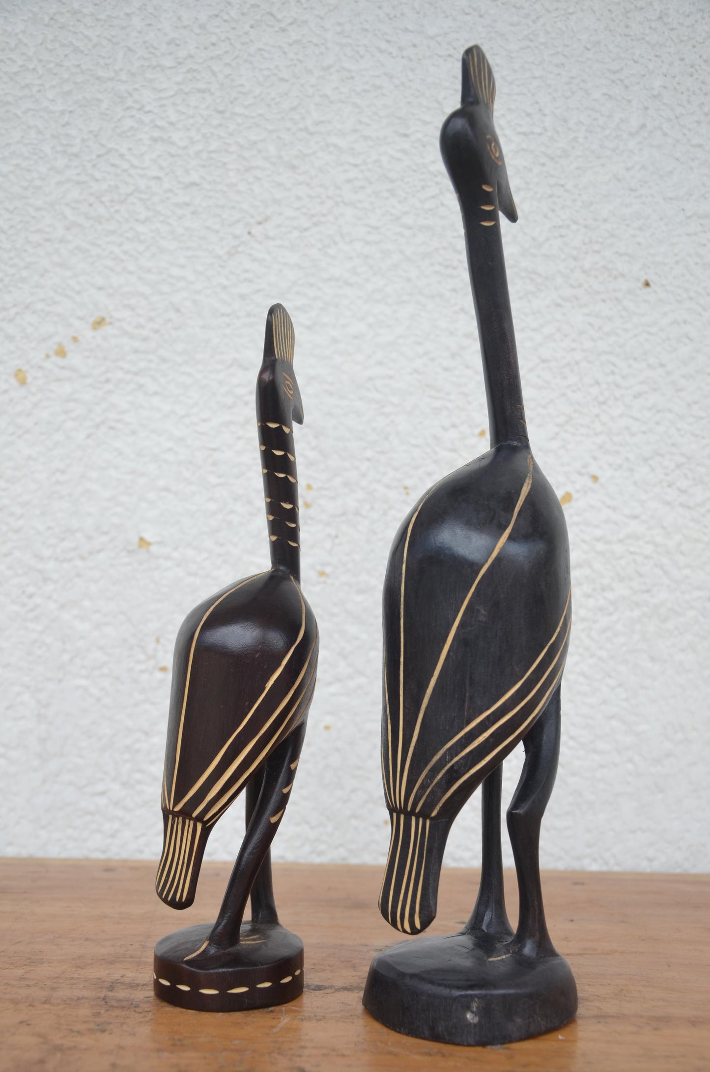 Rwandan Peacock Statues – 17" Hand-Carved Wood – Nyungwe Forest Mother & Kid