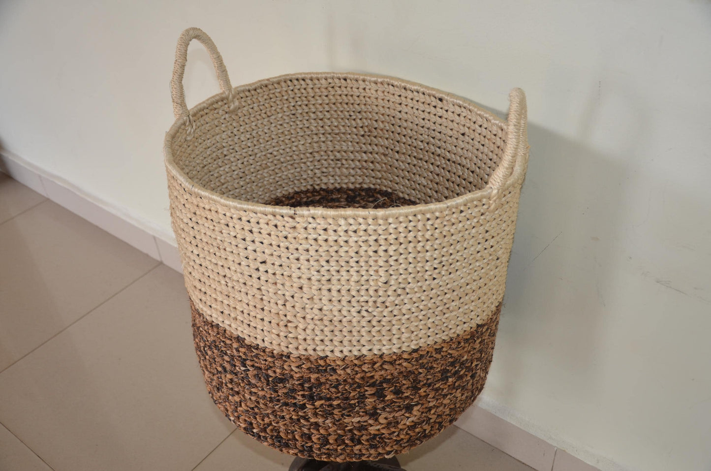Large 21" Sisal Storage Basket – Two-Tone Handwoven Hamper – Rwandan Utility