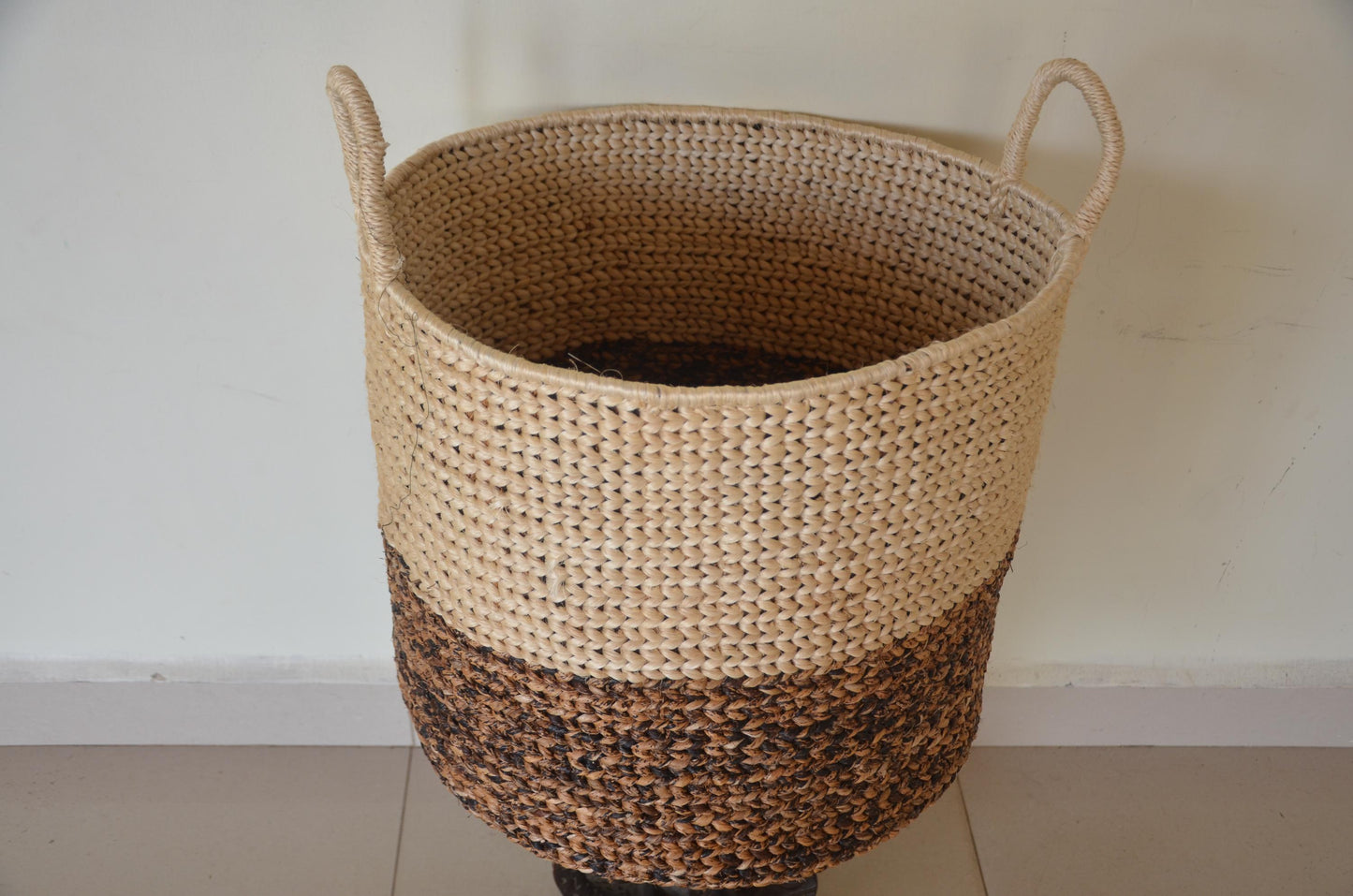 Large 21" Sisal Storage Basket – Two-Tone Handwoven Hamper – Rwandan Utility
