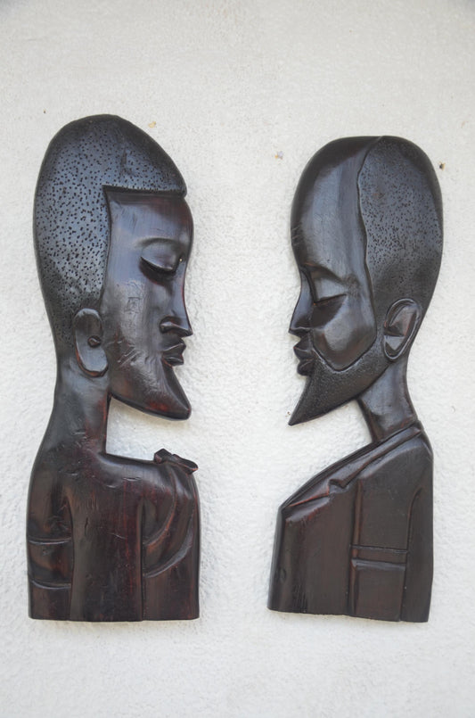 Bungura Couple Wall Art | Hand-Carved Wood Side Profile Pair | African Silhouette Home Decor