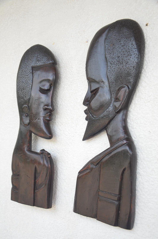 Bungura Couple Wall Art | Hand-Carved Wood Side Profile Pair | African Silhouette Home Decor