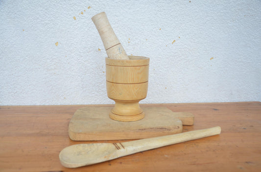 Rustic Wooden Mortar and Pestle Set | Hand-Carved Chopping Board & Spoon | African Kitchen Decor