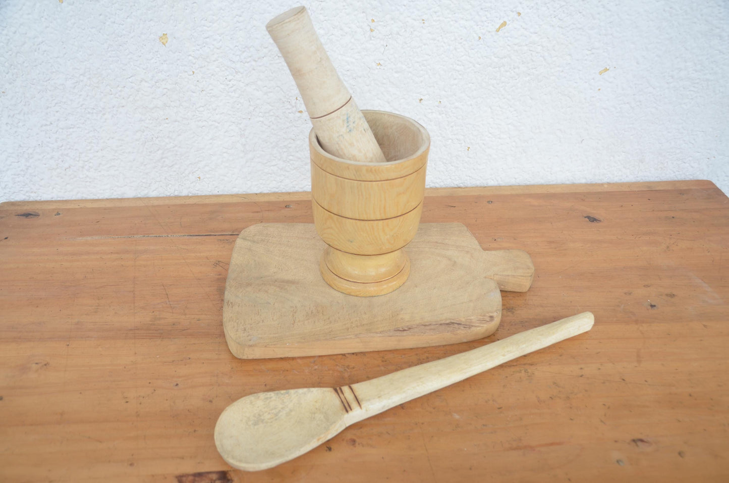 Rustic Wooden Mortar and Pestle Set | Hand-Carved Chopping Board & Spoon | African Kitchen Decor