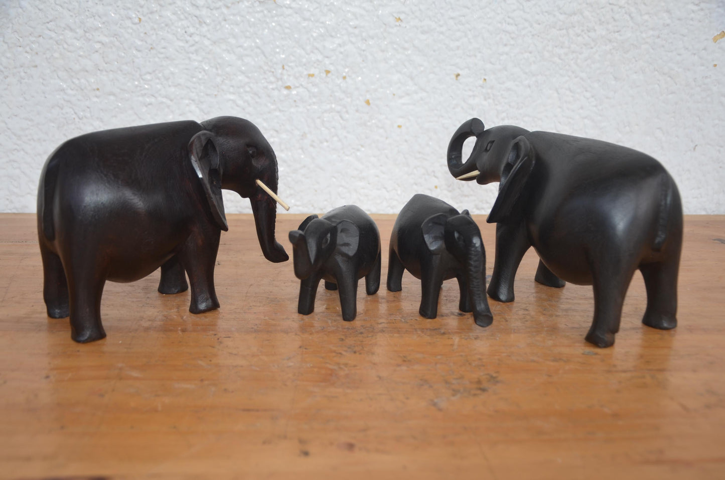 Elephant Family Set | Hand-Carved Wood 4-Piece Statue | African Wildlife Herd Home Decor