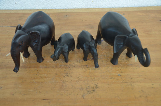 Elephant Family Set | Hand-Carved Wood 4-Piece Statue | African Wildlife Herd Home Decor