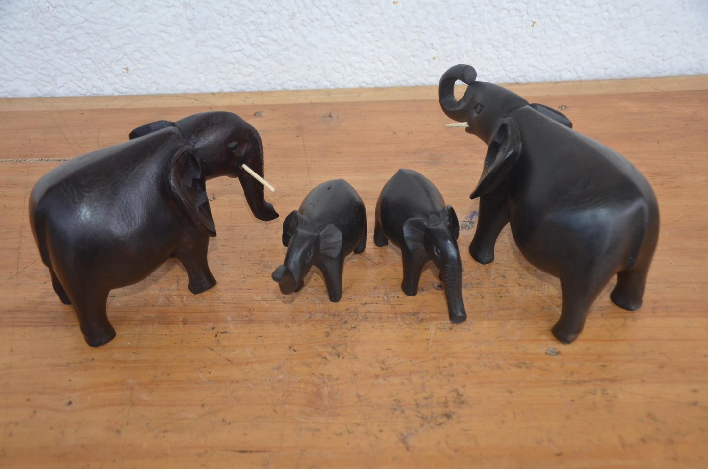 Elephant Family Set | Hand-Carved Wood 4-Piece Statue | African Wildlife Herd Home Decor