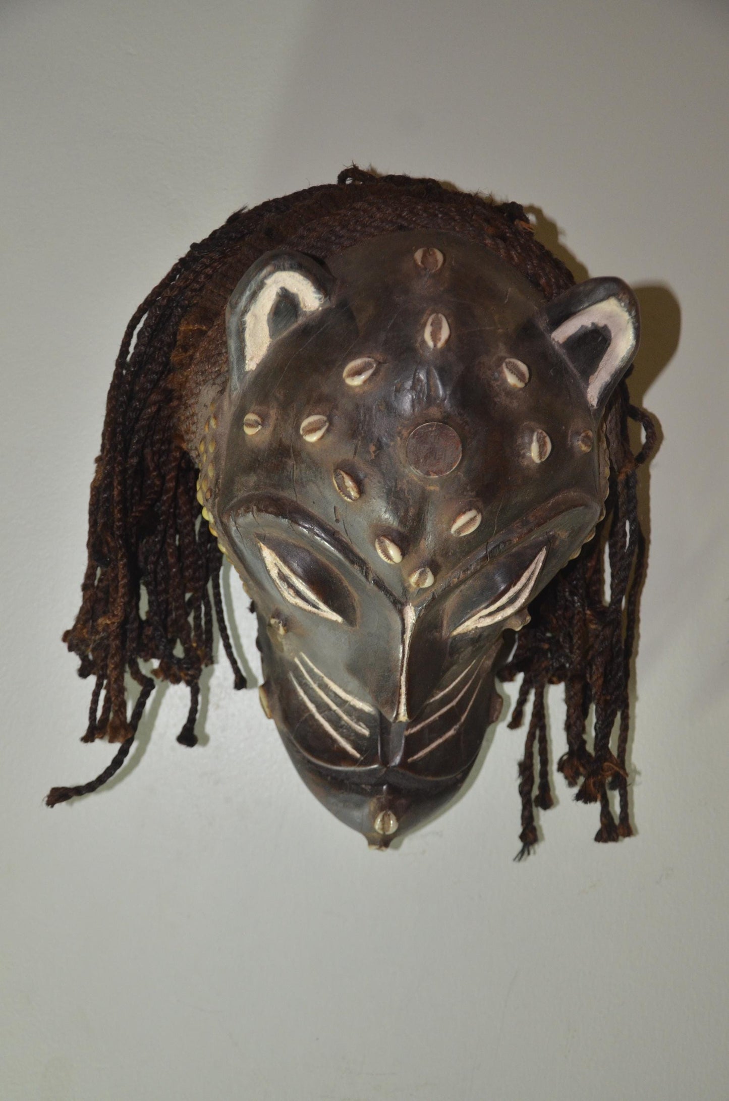Chokwe Leopard Mask | Hand-Carved Patterned Wood Wall Decor | Congo Zoomorphic Art