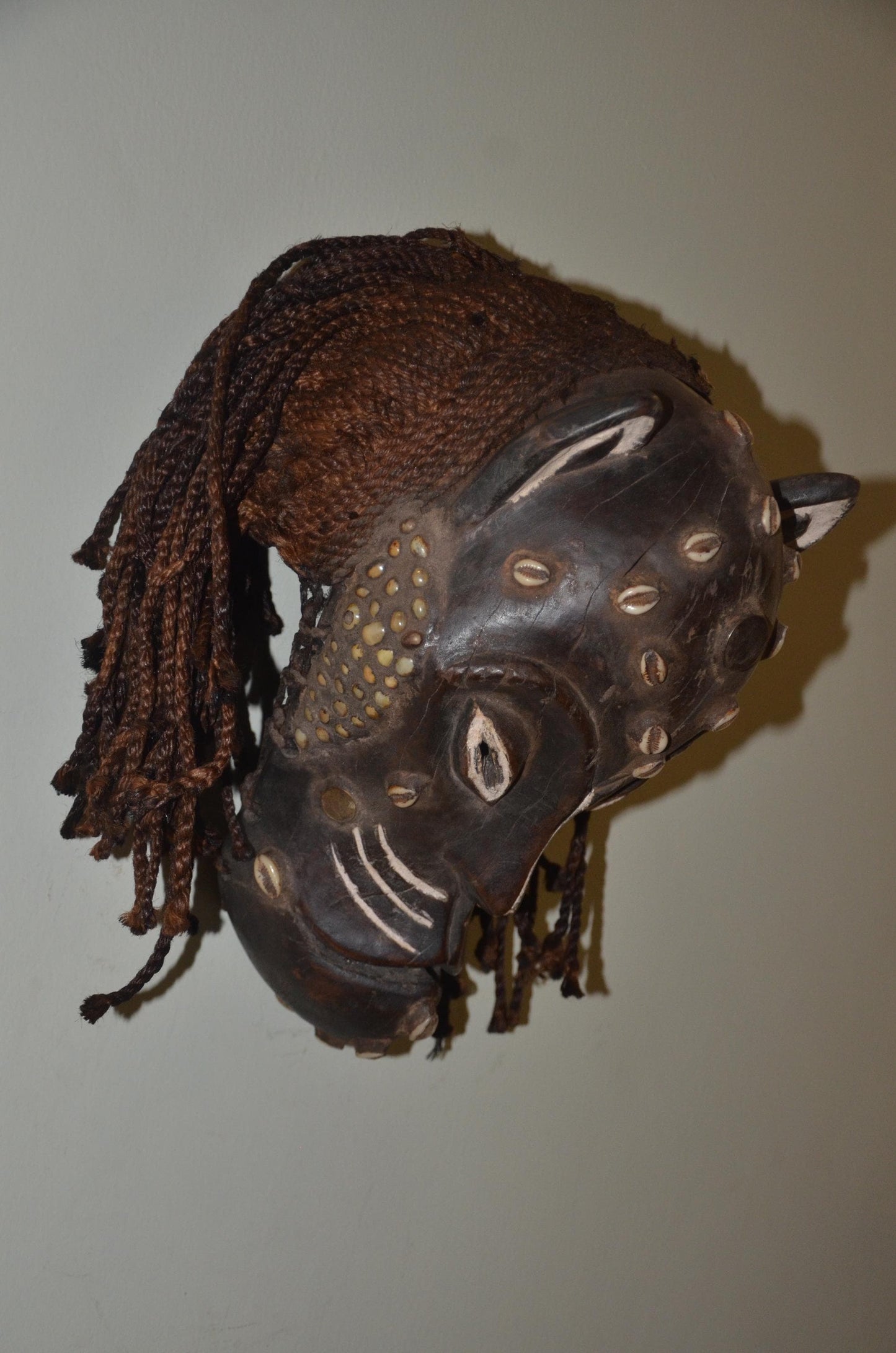 Chokwe Leopard Mask | Hand-Carved Patterned Wood Wall Decor | Congo Zoomorphic Art