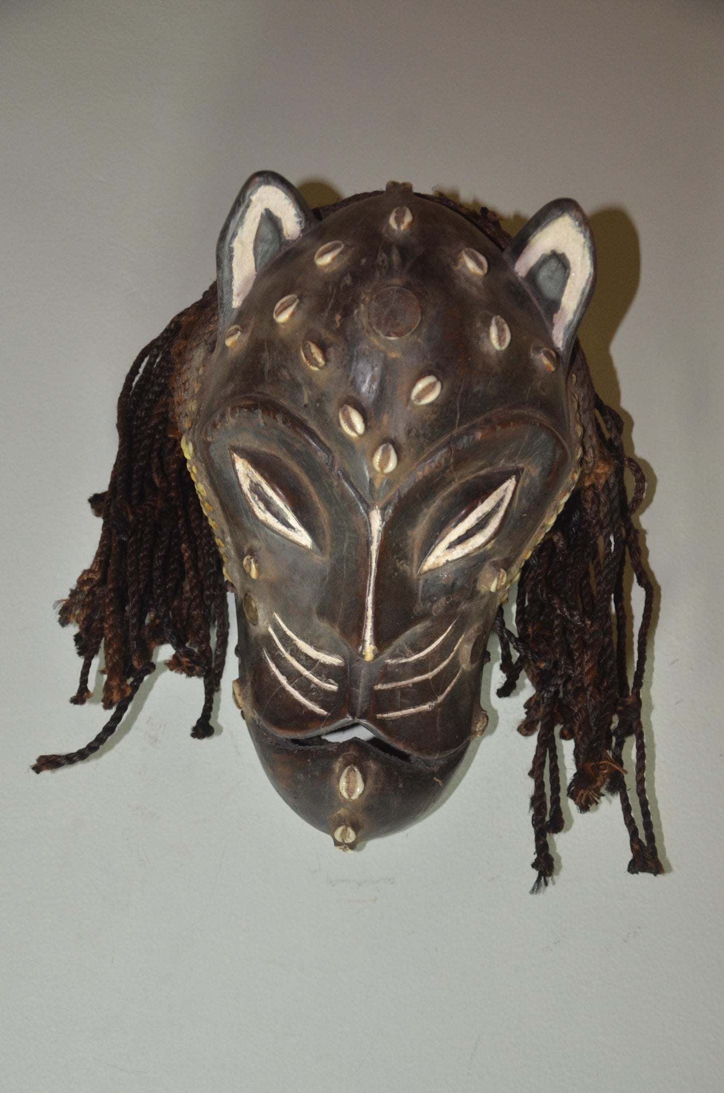 Chokwe Leopard Mask | Hand-Carved Patterned Wood Wall Decor | Congo Zoomorphic Art