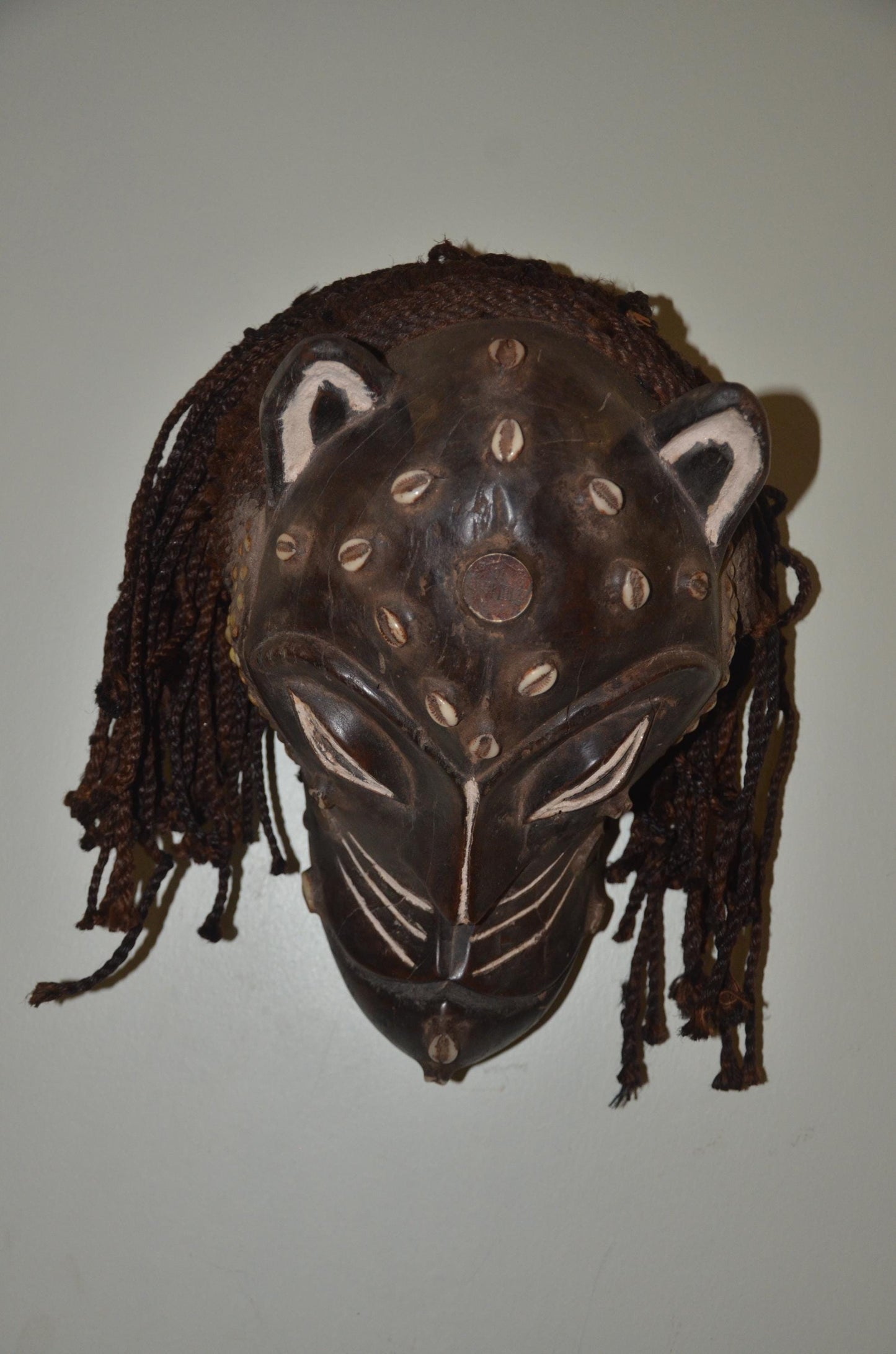 Chokwe Leopard Mask | Hand-Carved Patterned Wood Wall Decor | Congo Zoomorphic Art