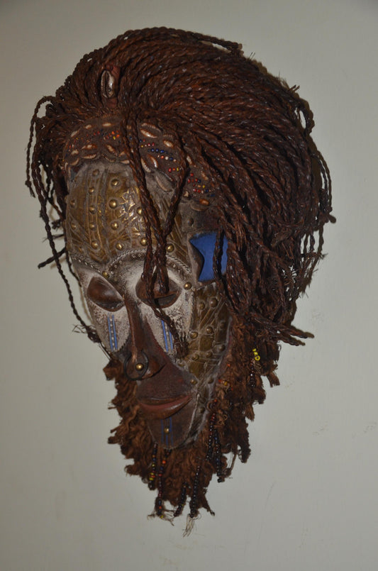 Chokwe Mwana Pwo Mask | Beaded Wood Fiber Hair | Congo Female Ancestor Art