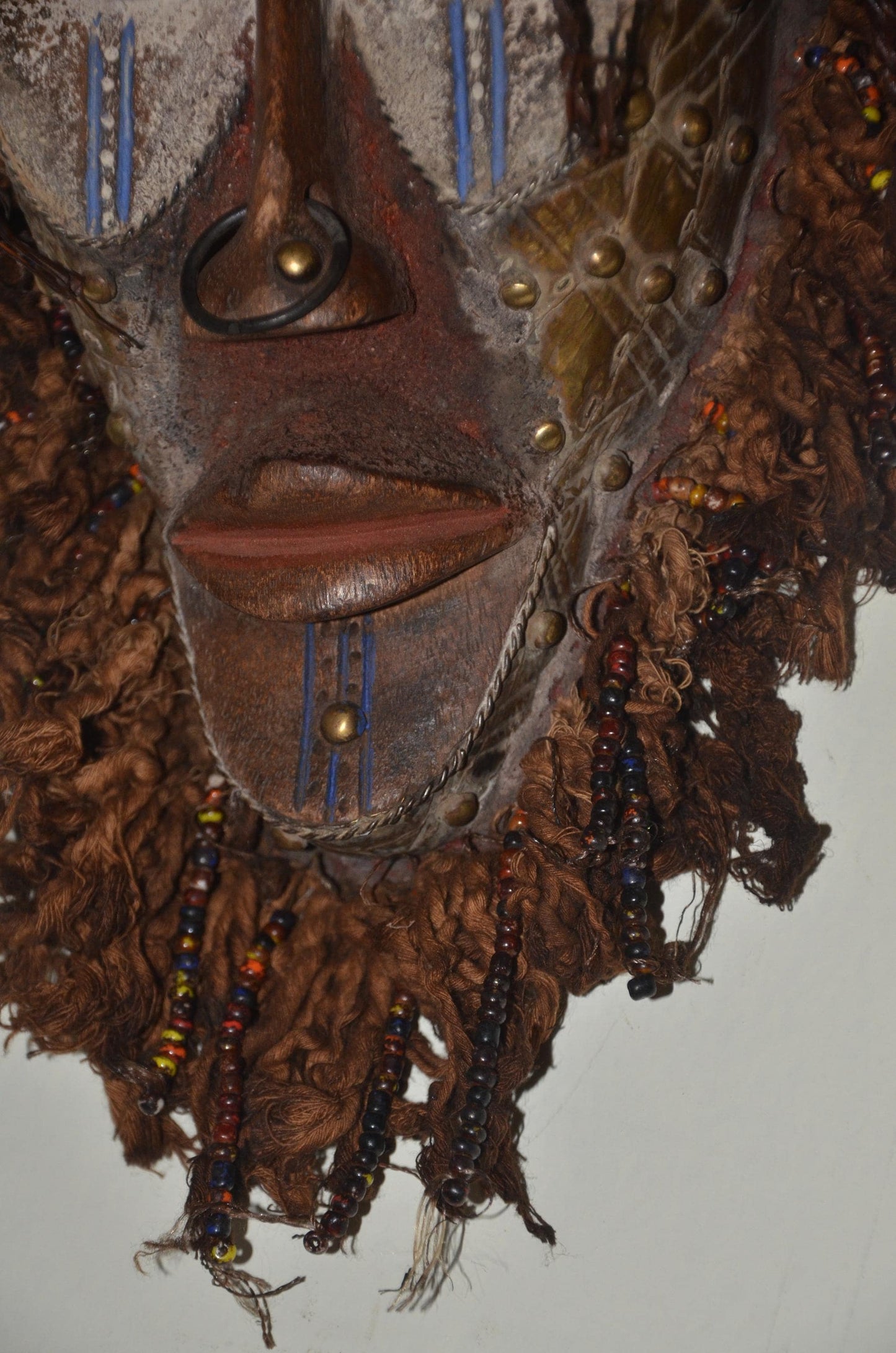Chokwe Mwana Pwo Mask | Beaded Wood Fiber Hair | Congo Female Ancestor Art