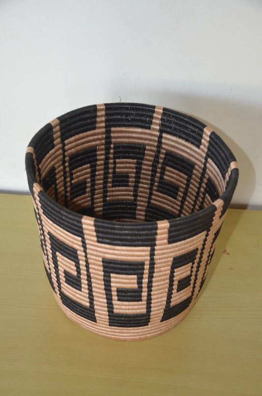 African Coiled Basket | Hand-Woven Geometric Storage Bin | Rustic Modern Natural Fiber Art