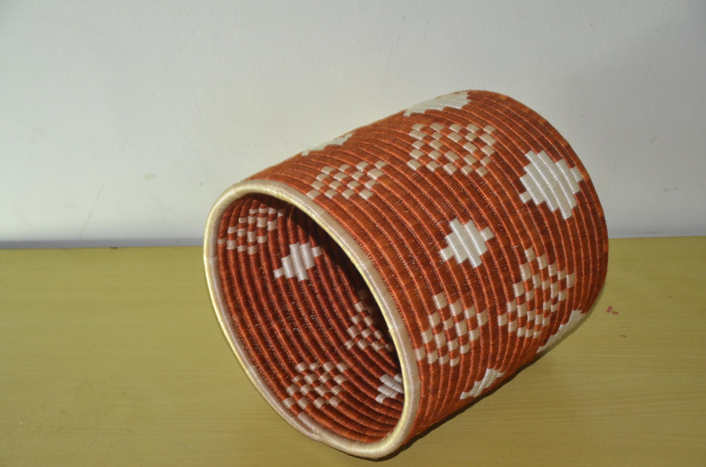 African Coiled Basket | Hand-Woven Terracotta Diamond Bin | Rustic Modern Fiber Storage
