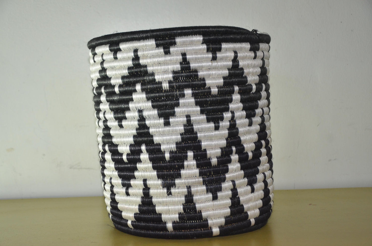 African Coiled Basket | Hand-Woven Monochrome Zigzag Bin | Modern Minimalist Fiber Art