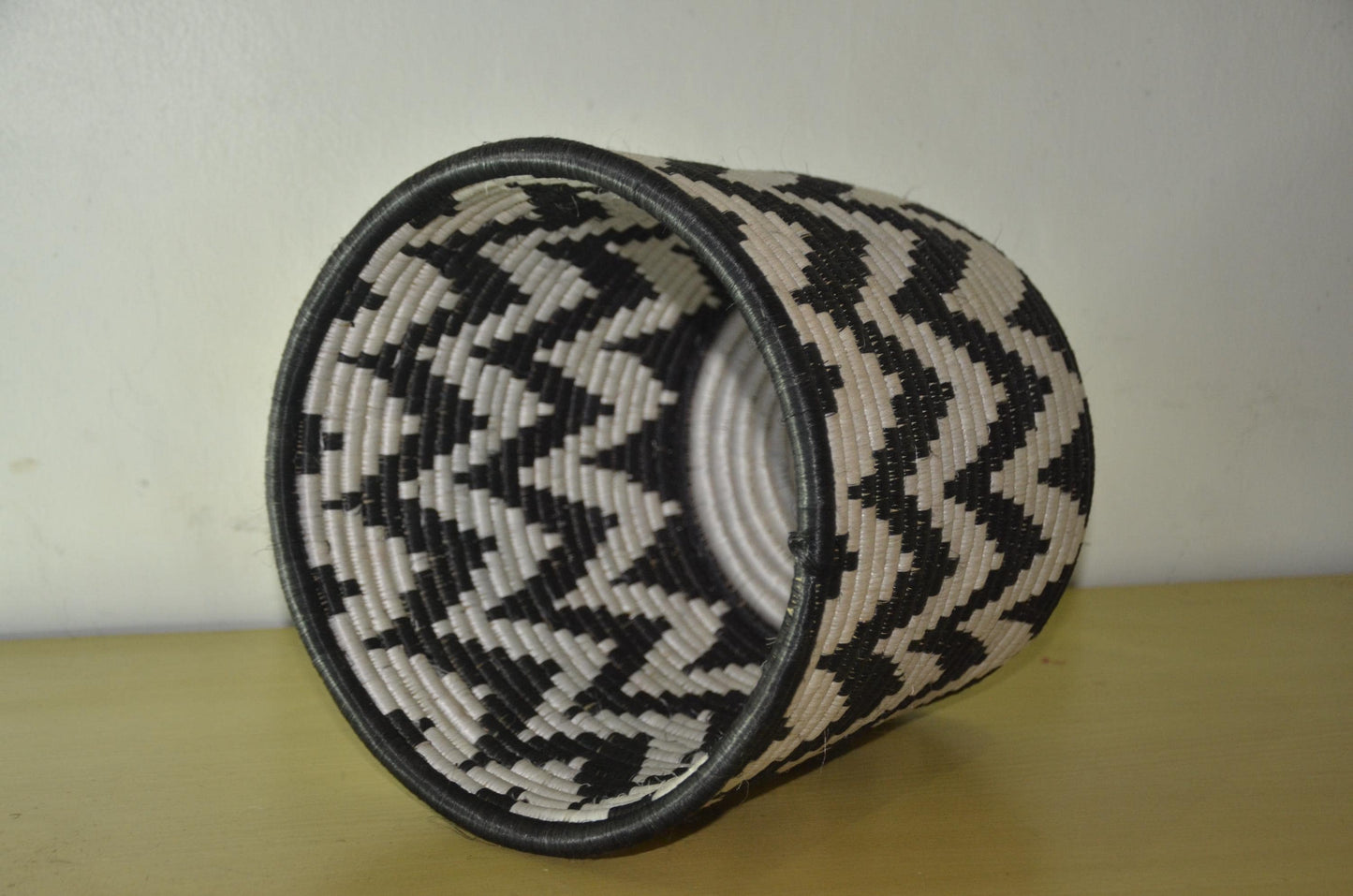 African Coiled Basket | Hand-Woven Monochrome Zigzag Bin | Modern Minimalist Fiber Art