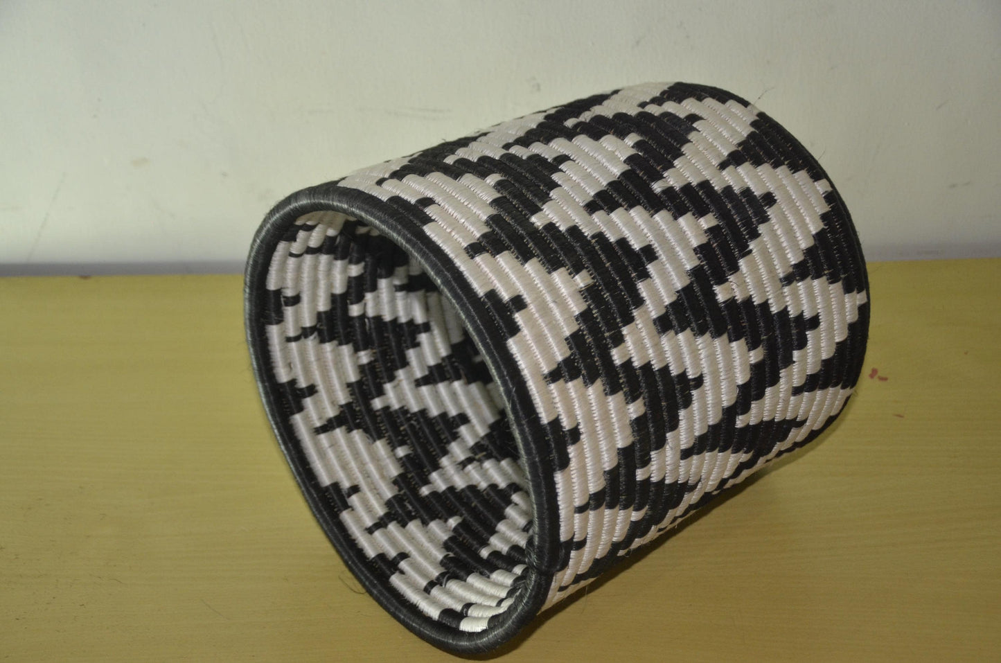 African Coiled Basket | Hand-Woven Monochrome Zigzag Bin | Modern Minimalist Fiber Art