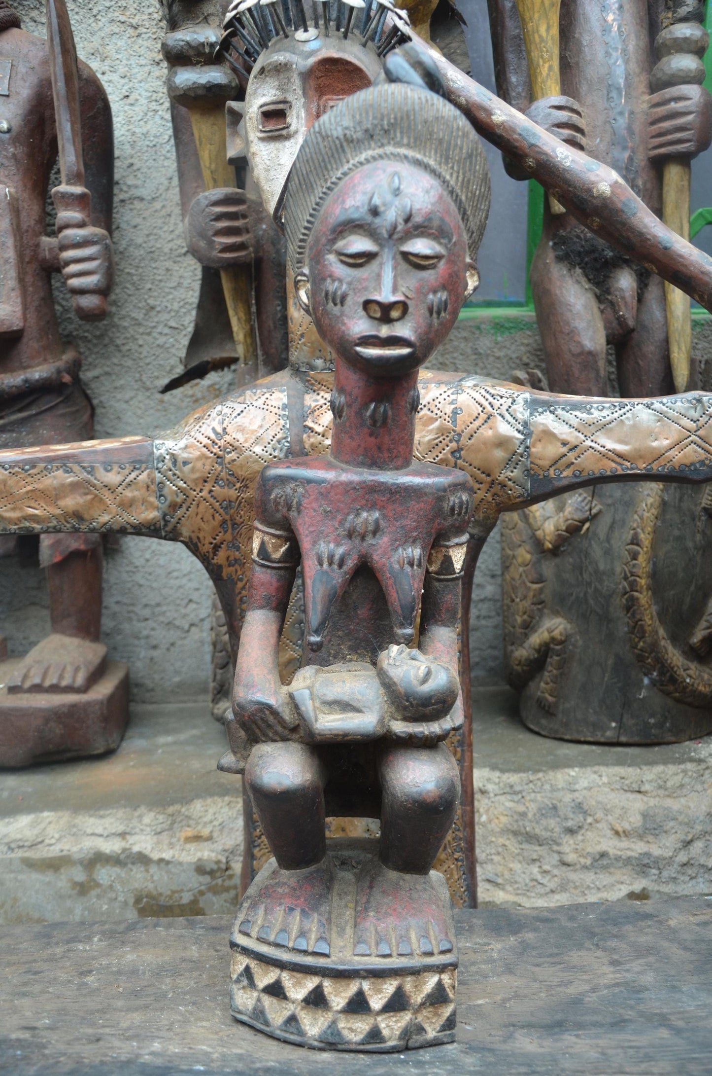African Pende Maternity Statue – Hand-Carved Wood Mother & Child – Congo Art