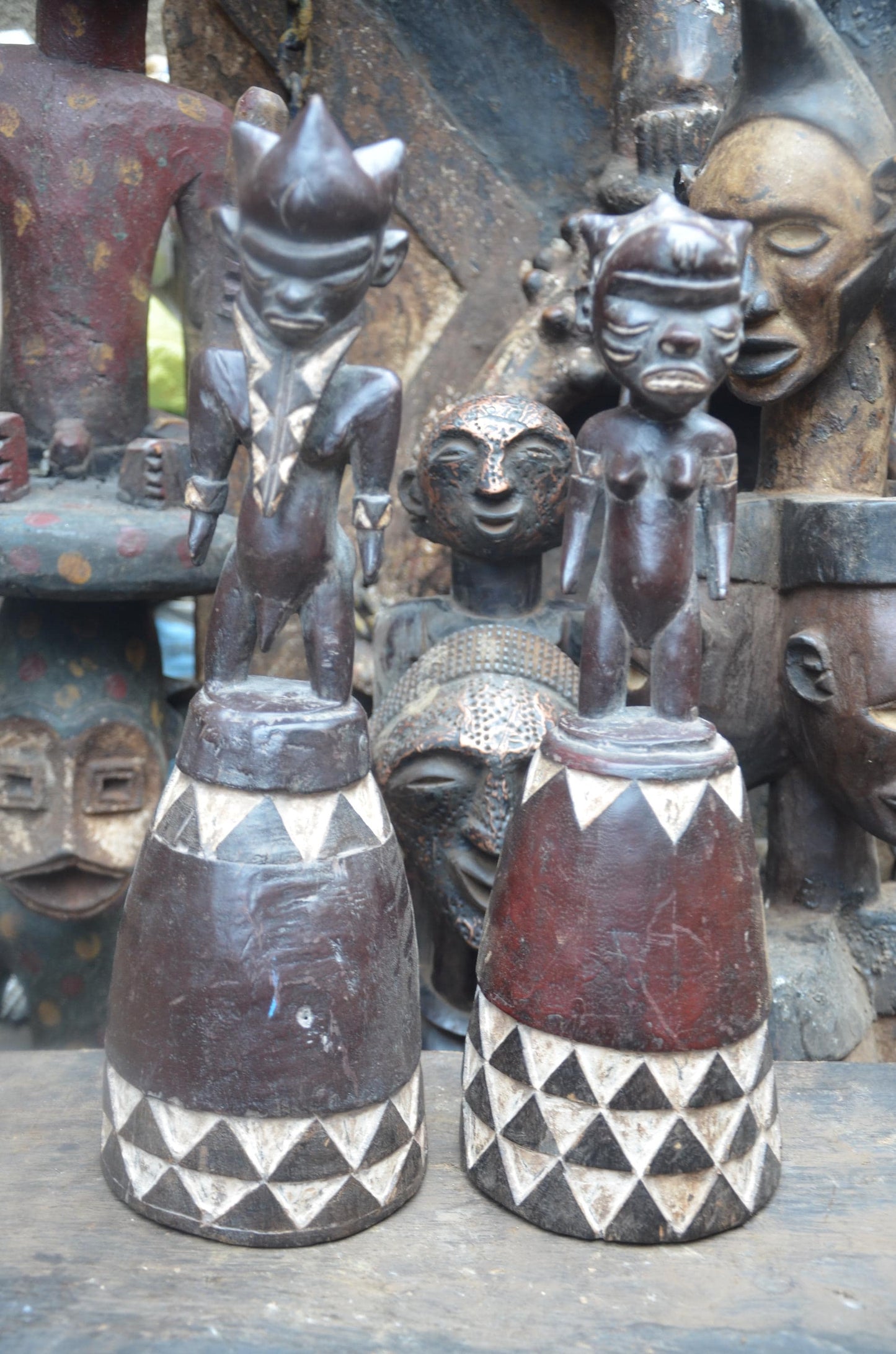 African Pende Couple Figures – Hand-Carved Wood Ancestral Pair – Congo Art