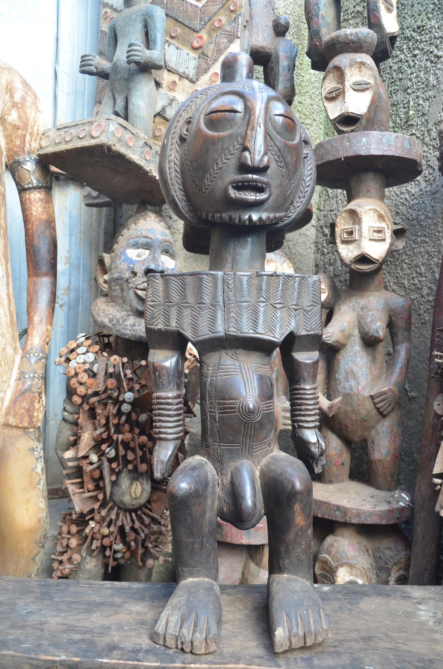 African Mbuyu Male Statue – Hand-Carved Wood Luba Figure – Tribal Art