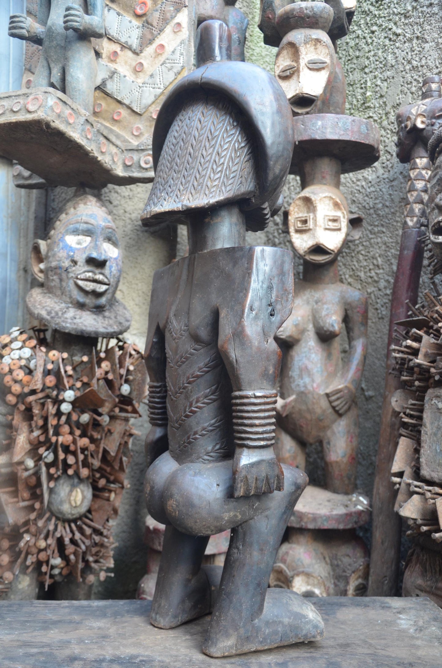 African Mbuyu Male Statue – Hand-Carved Wood Luba Figure – Tribal Art