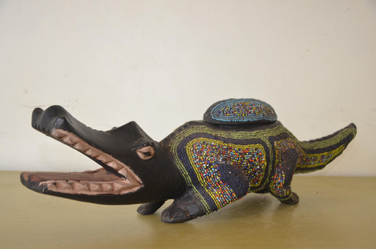Kamba Crocodile Sculpture | Beaded Wood Folk Art | Kenya Handcrafted Animal Decor
