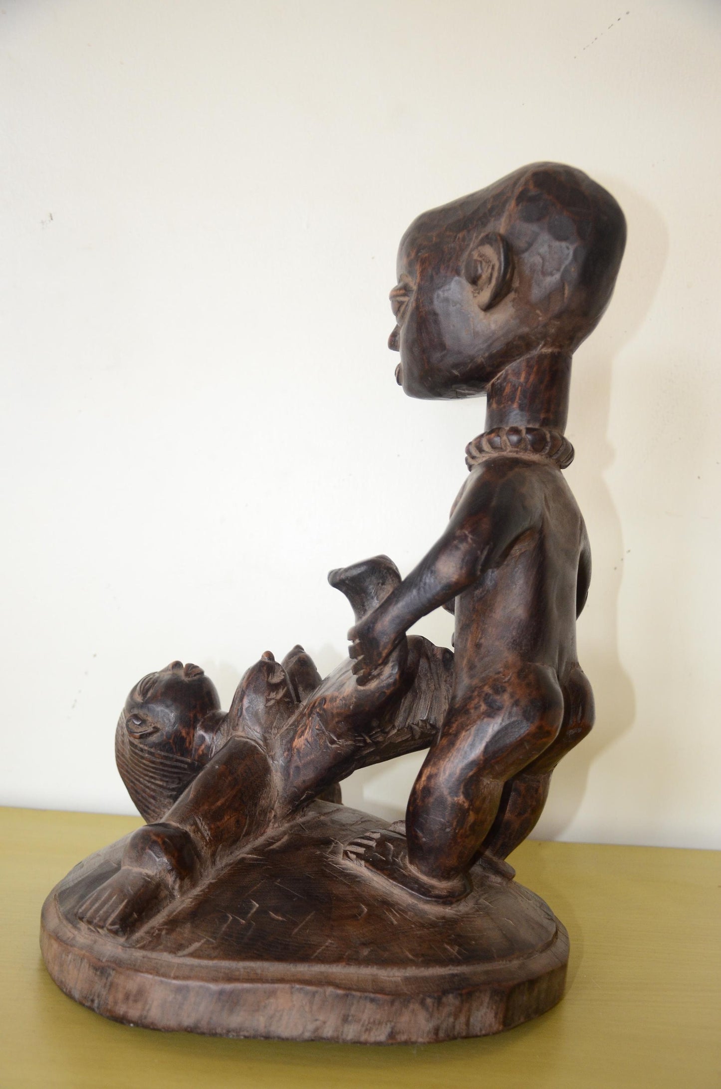 Kongo Tribal Figure | Hand-Carved Dark Wood Sculpture | Congo Ancestral Maternity Art