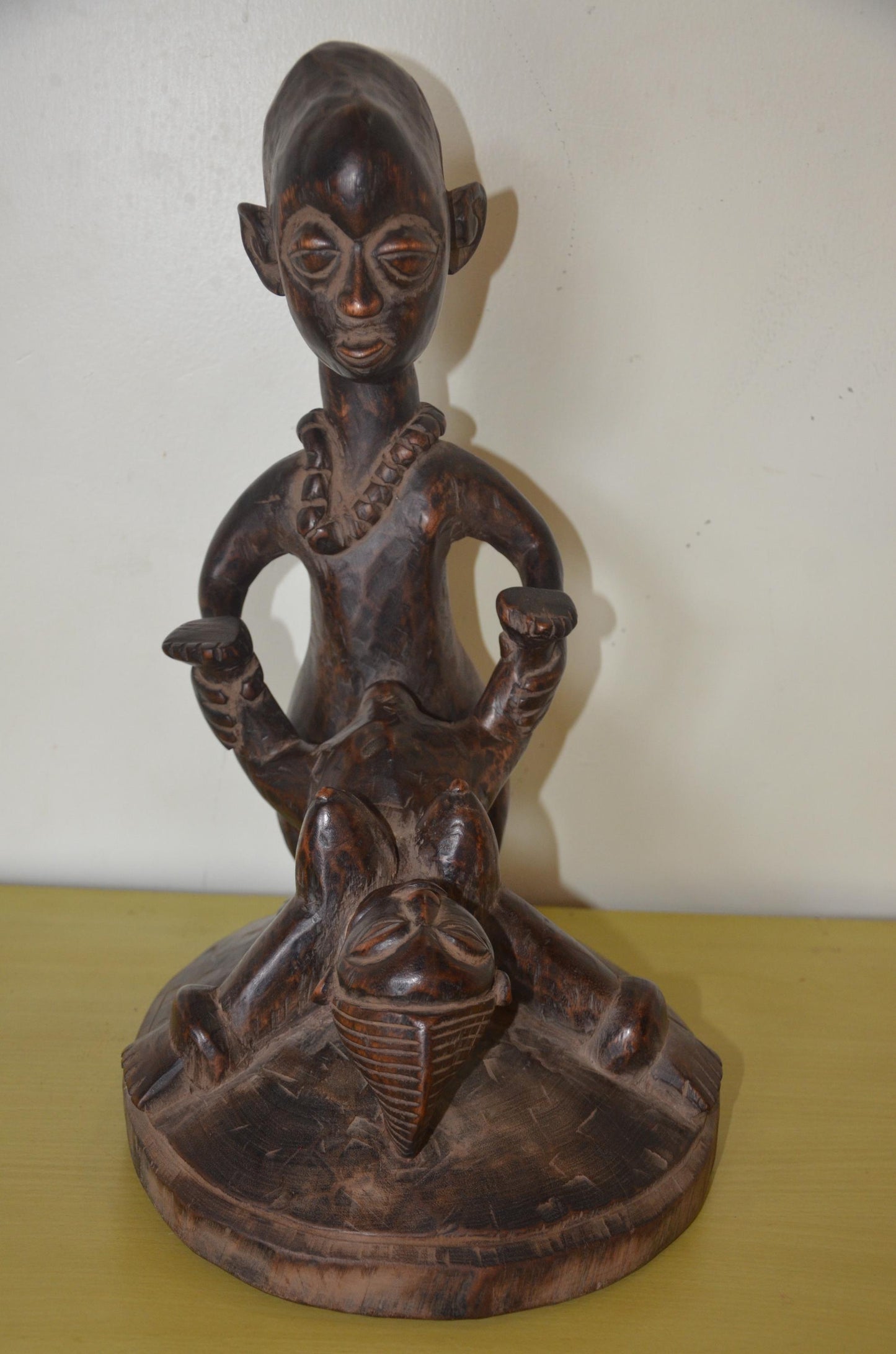 Kongo Tribal Figure | Hand-Carved Dark Wood Sculpture | Congo Ancestral Maternity Art
