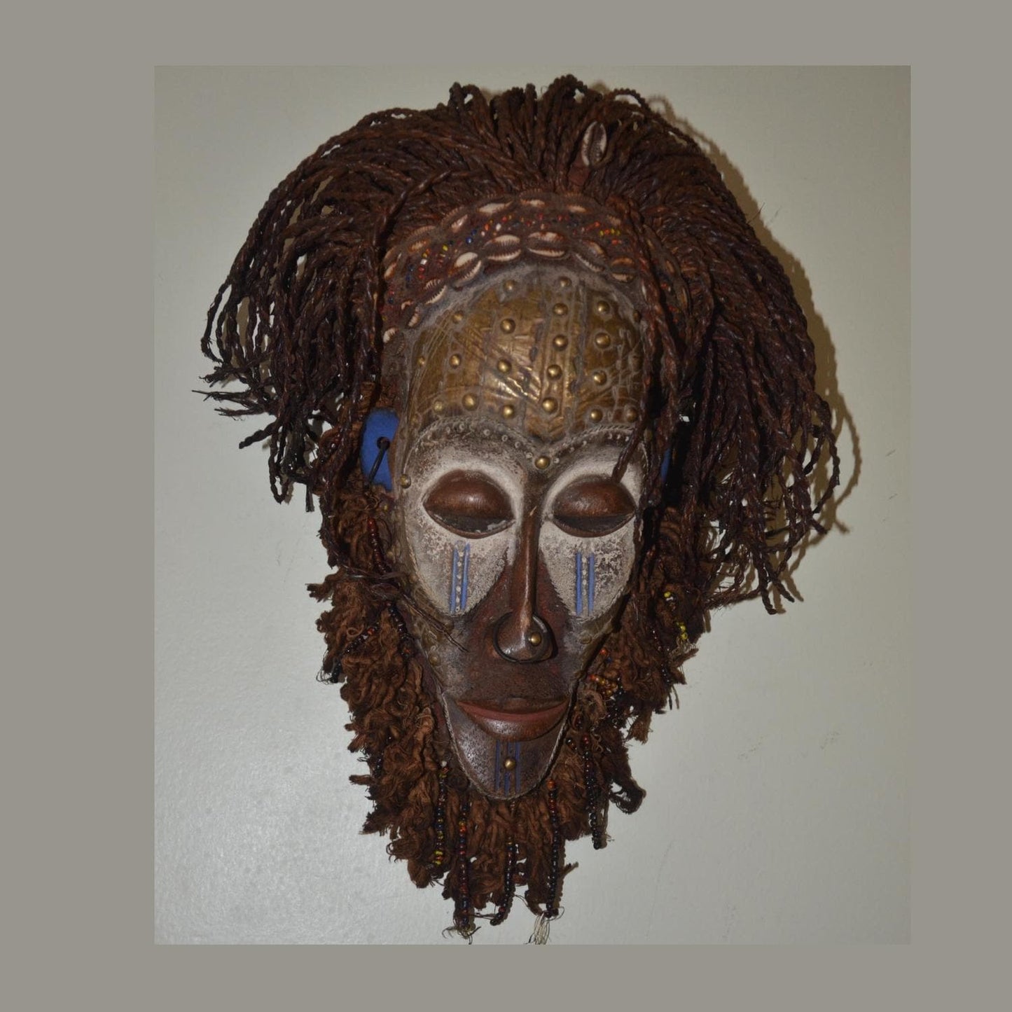Chokwe Mwana Pwo Mask | Beaded Wood Fiber Hair | Congo Female Ancestor Art
