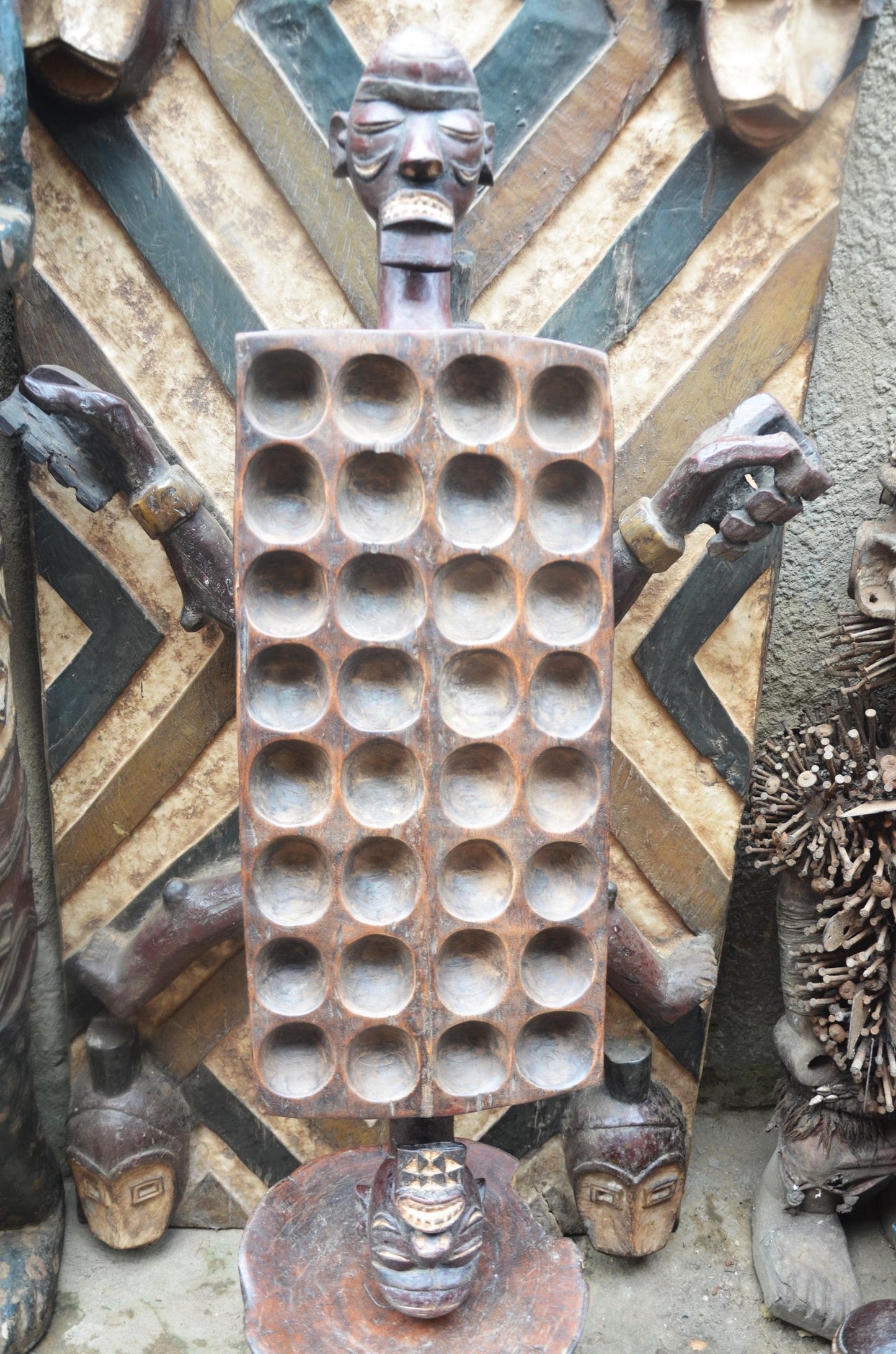 African Mancala Game Board – Anthropomorphic Wood Bao Game – Tribal Art