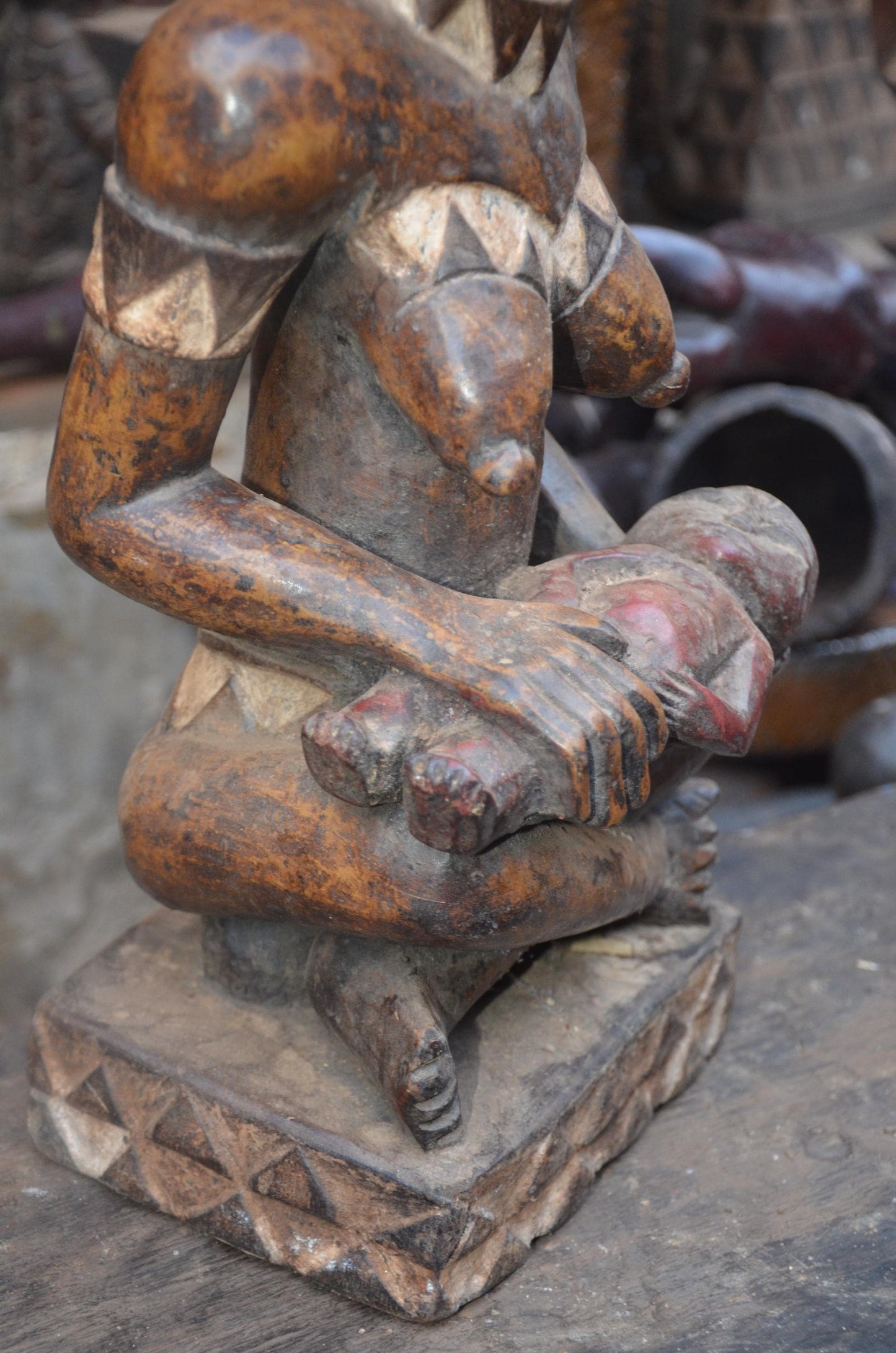 African Pende Maternity Statue – Wood Mother holding Child with Vessel Art