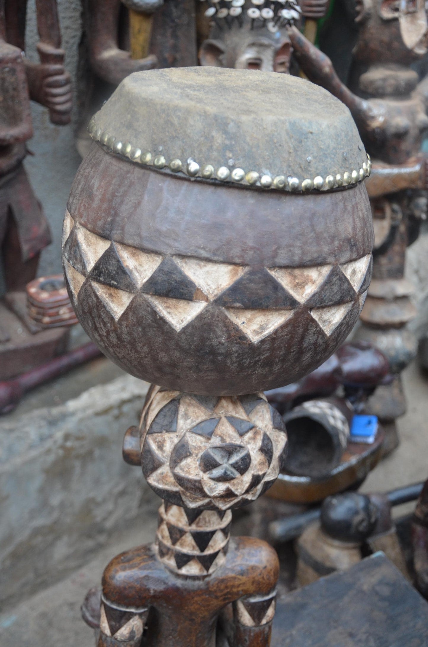 African Pende Maternity Statue – Wood Mother holding Child with Vessel Art
