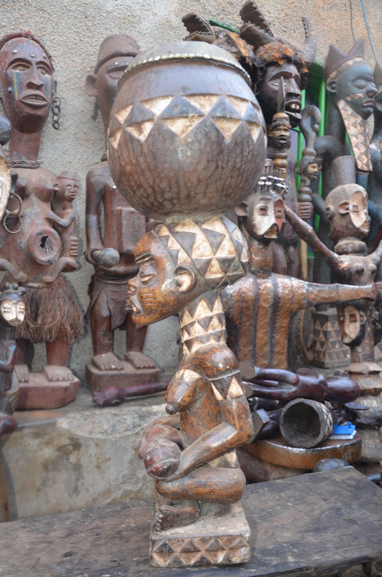 African Pende Maternity Statue – Wood Mother holding Child with Vessel Art