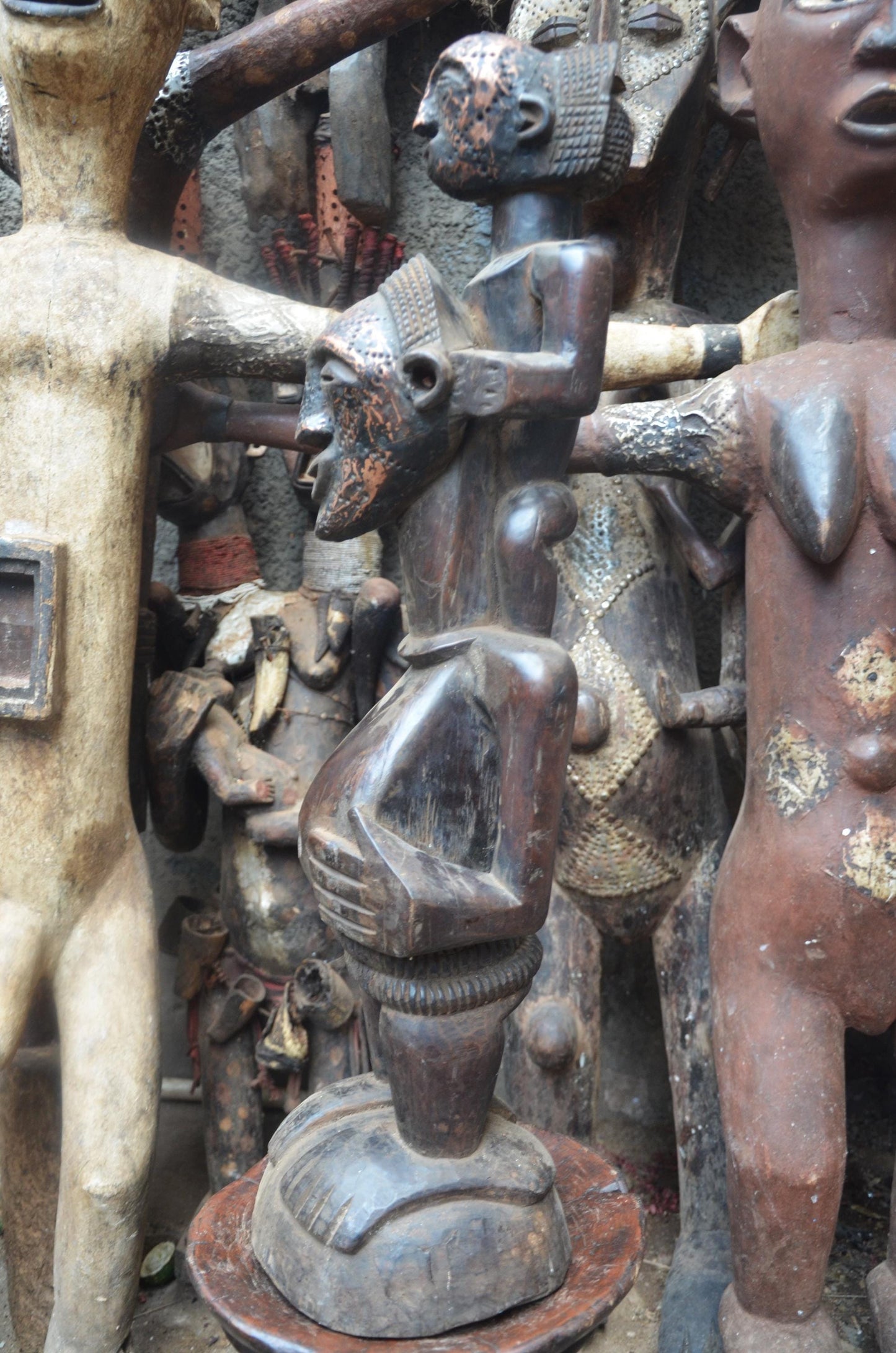 African Songye Power Figure – Hand-Carved Wood Tiered Nkisi Tribal Statue