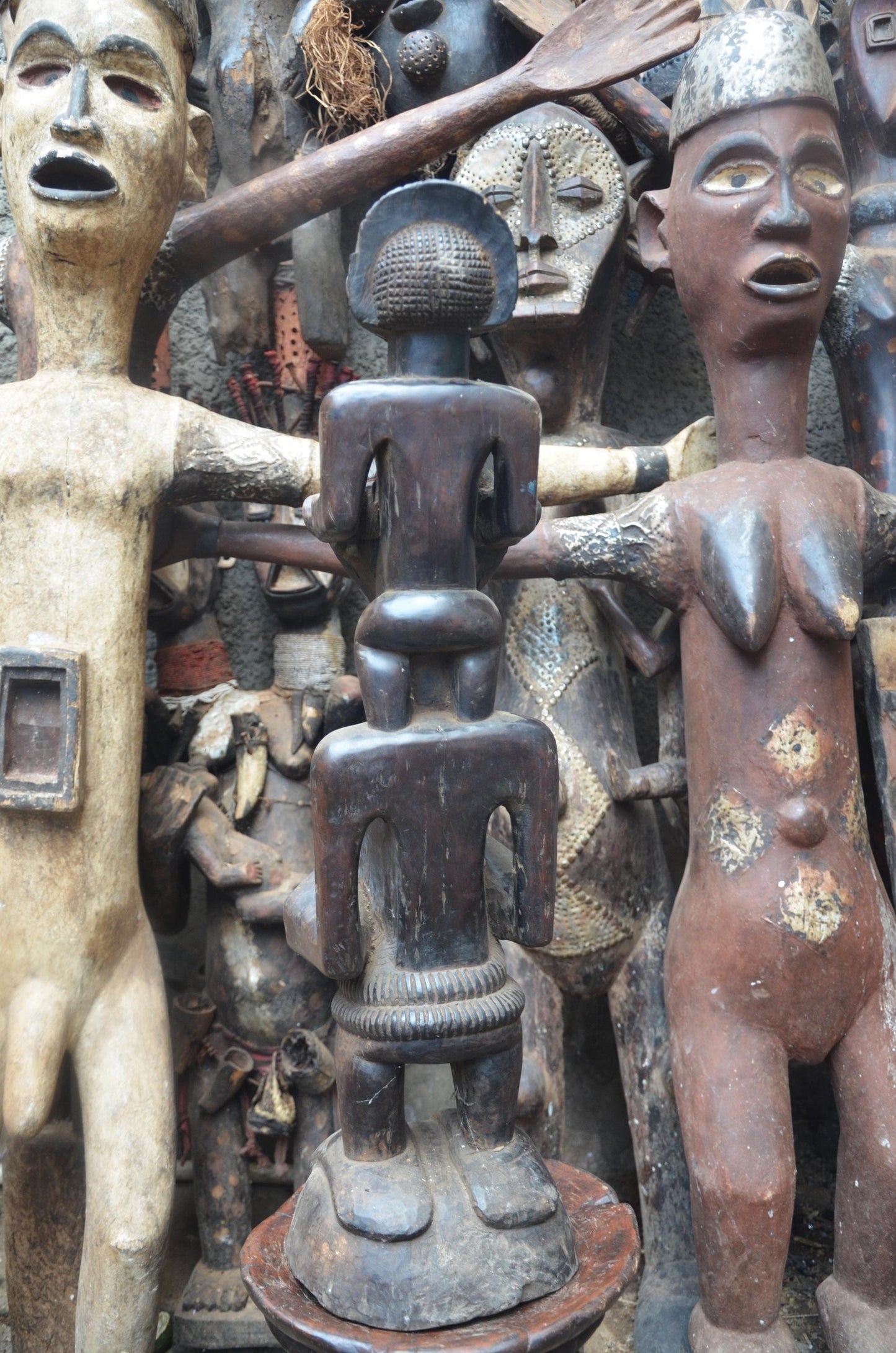 African Songye Power Figure – Hand-Carved Wood Tiered Nkisi Tribal Statue