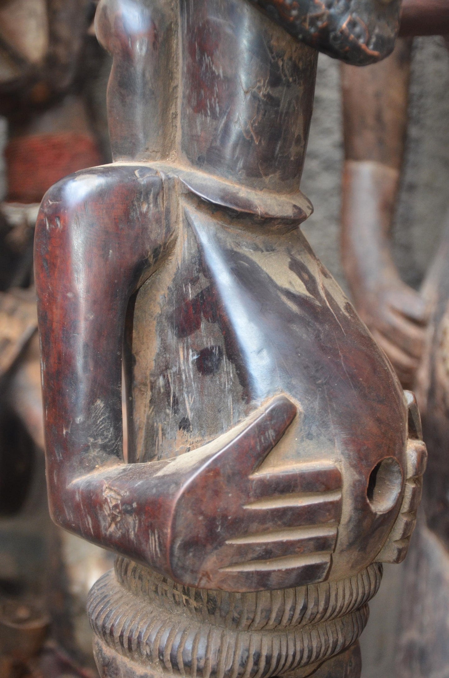 African Songye Power Figure – Hand-Carved Wood Tiered Nkisi Tribal Statue