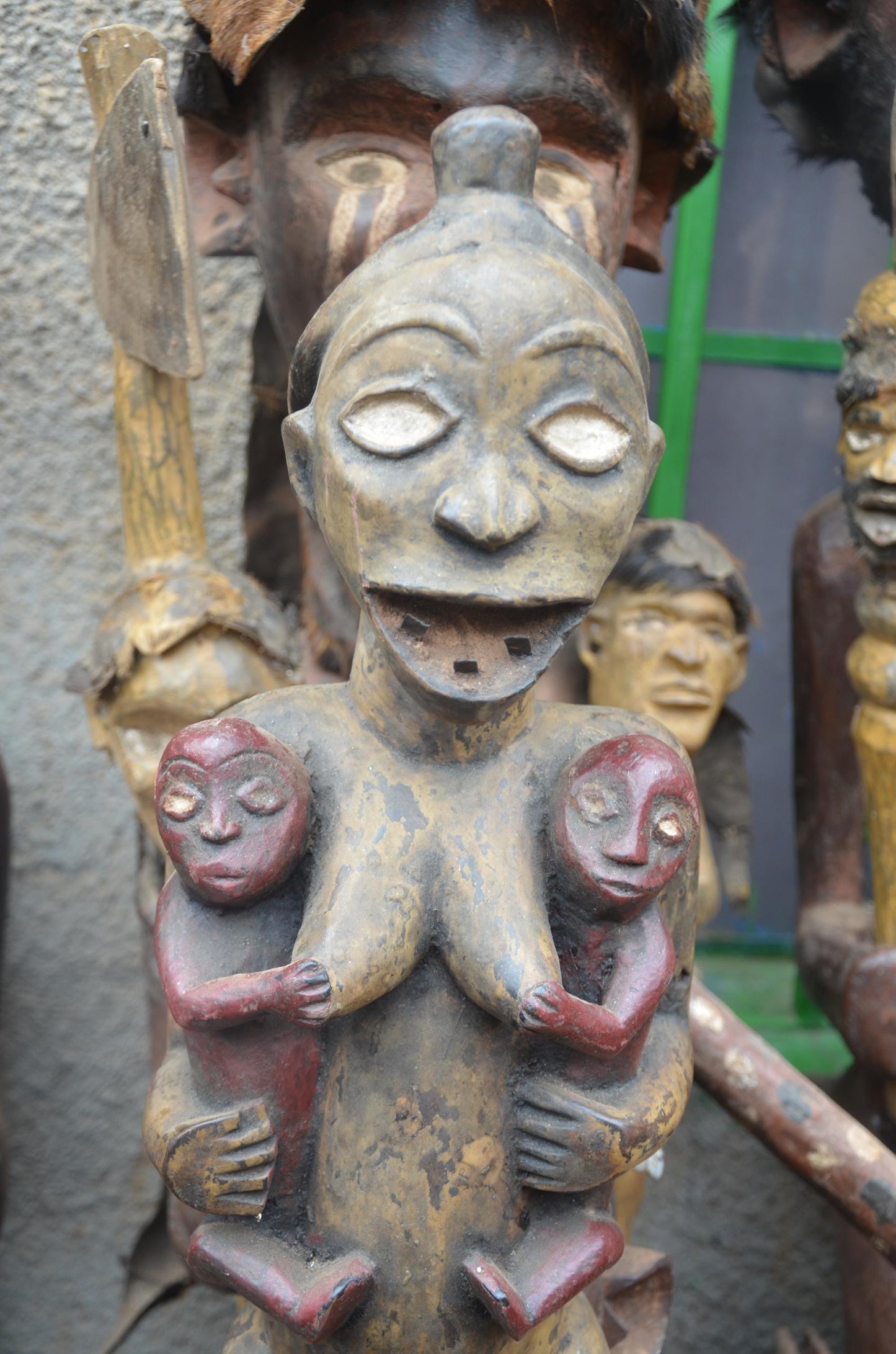 African Congo Twin Maternity Statue – Large Wood Mother with Infants Art