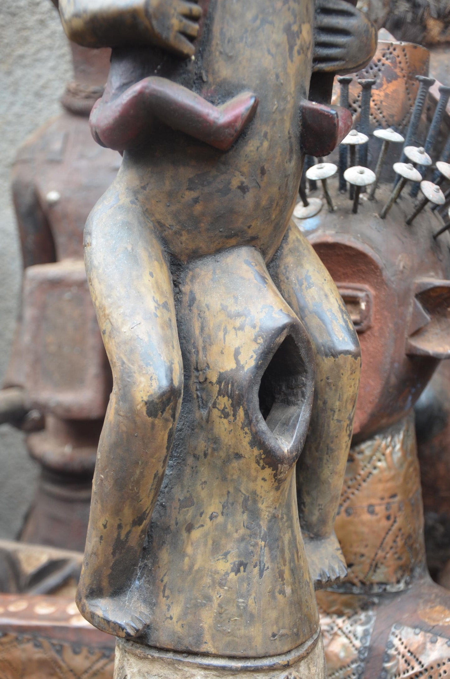 African Congo Twin Maternity Statue – Large Wood Mother with Infants Art