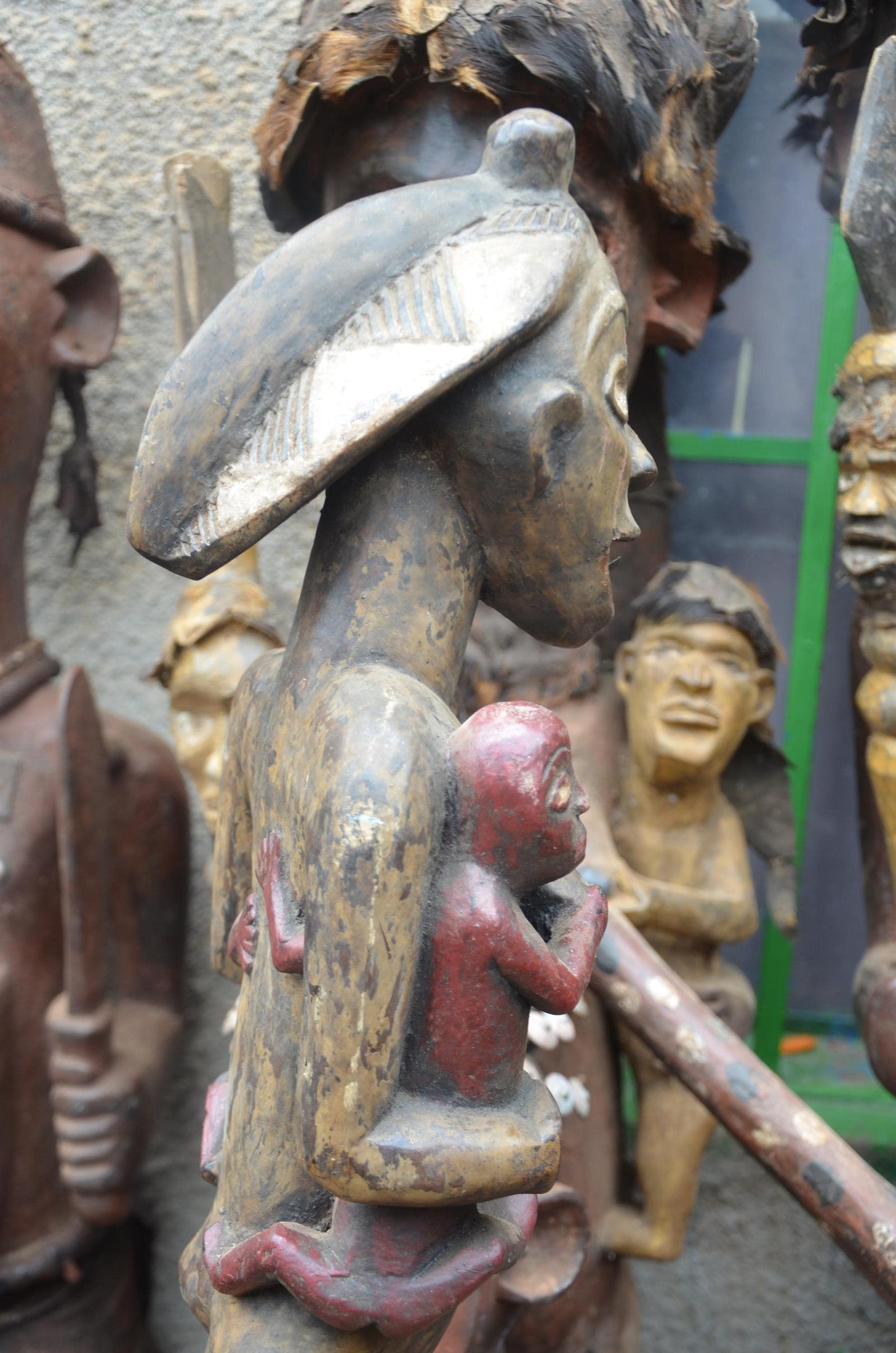 African Congo Twin Maternity Statue – Large Wood Mother with Infants Art