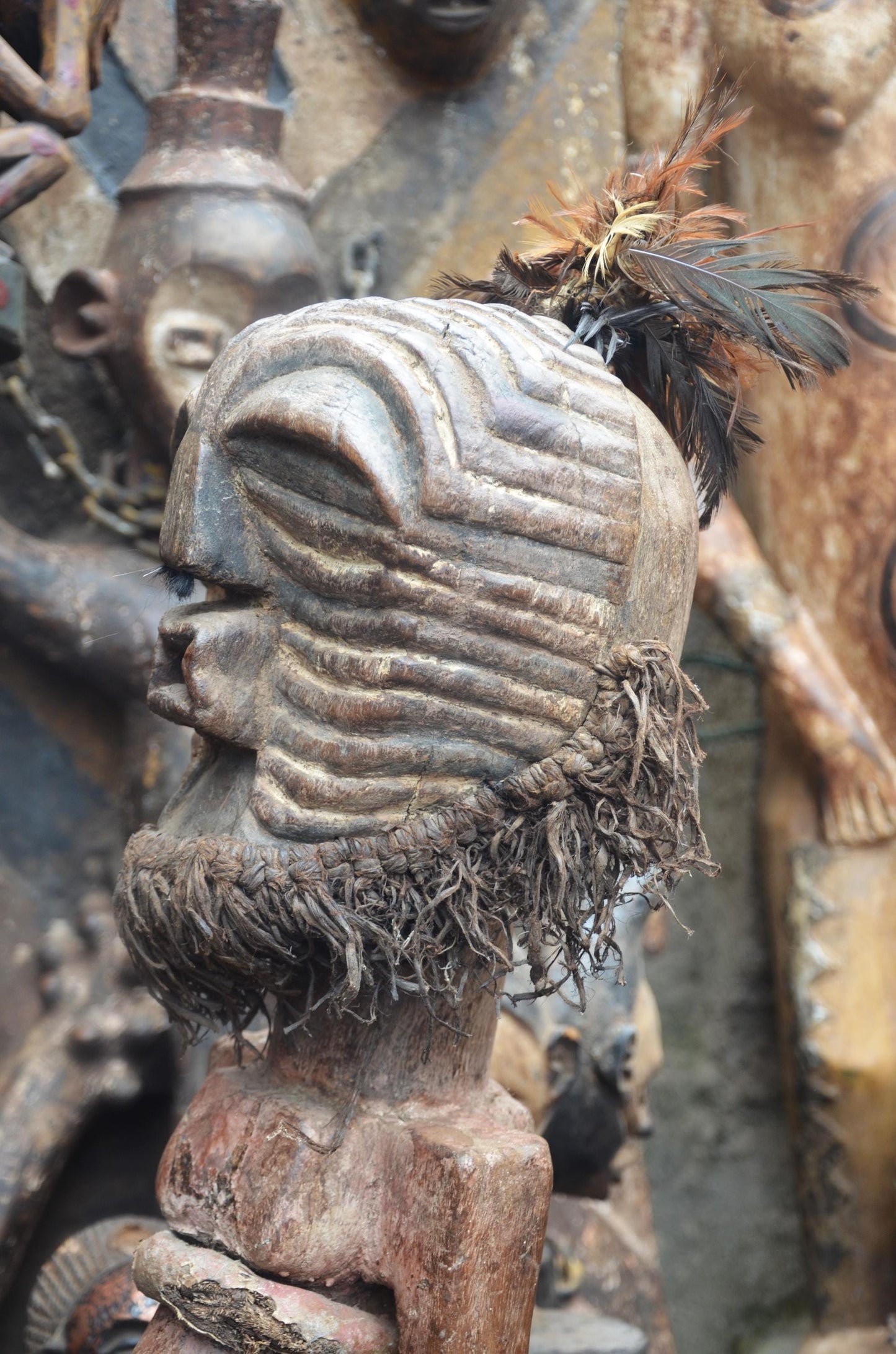African Songye Janus Figure – Hand-Carved Wood Nkisi Power Statue Art