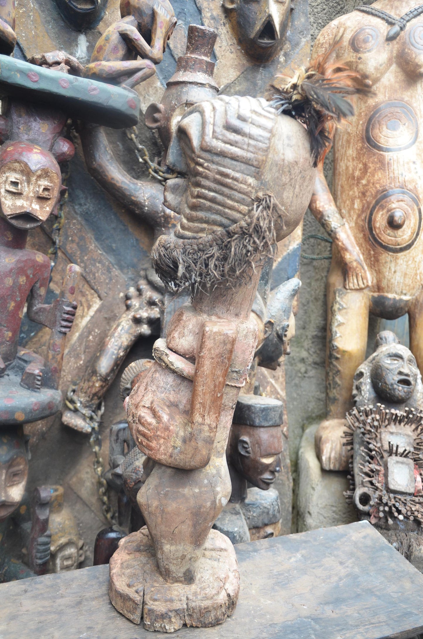 African Songye Janus Figure – Hand-Carved Wood Nkisi Power Statue Art