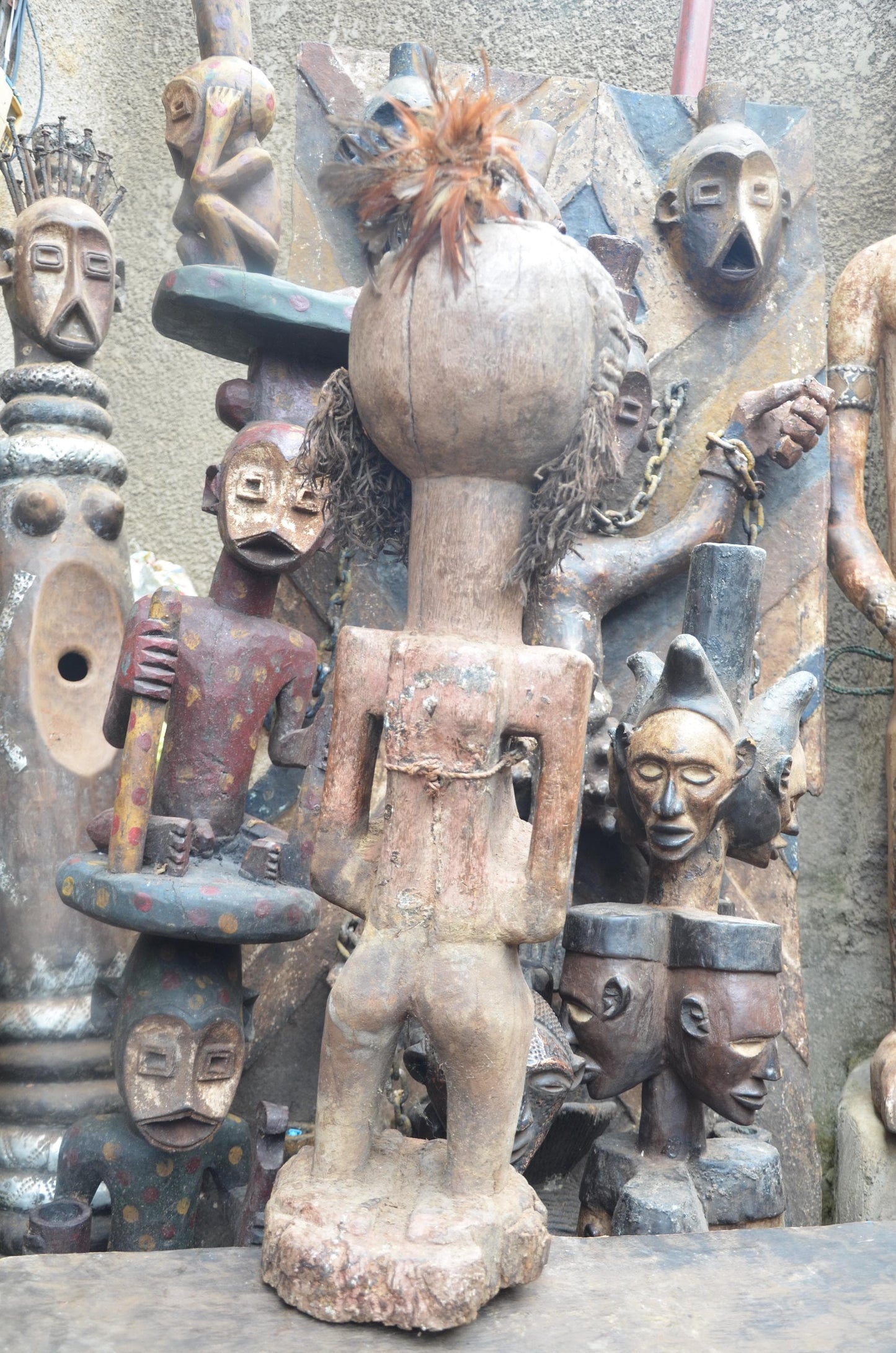 African Songye Janus Figure – Hand-Carved Wood Nkisi Power Statue Art