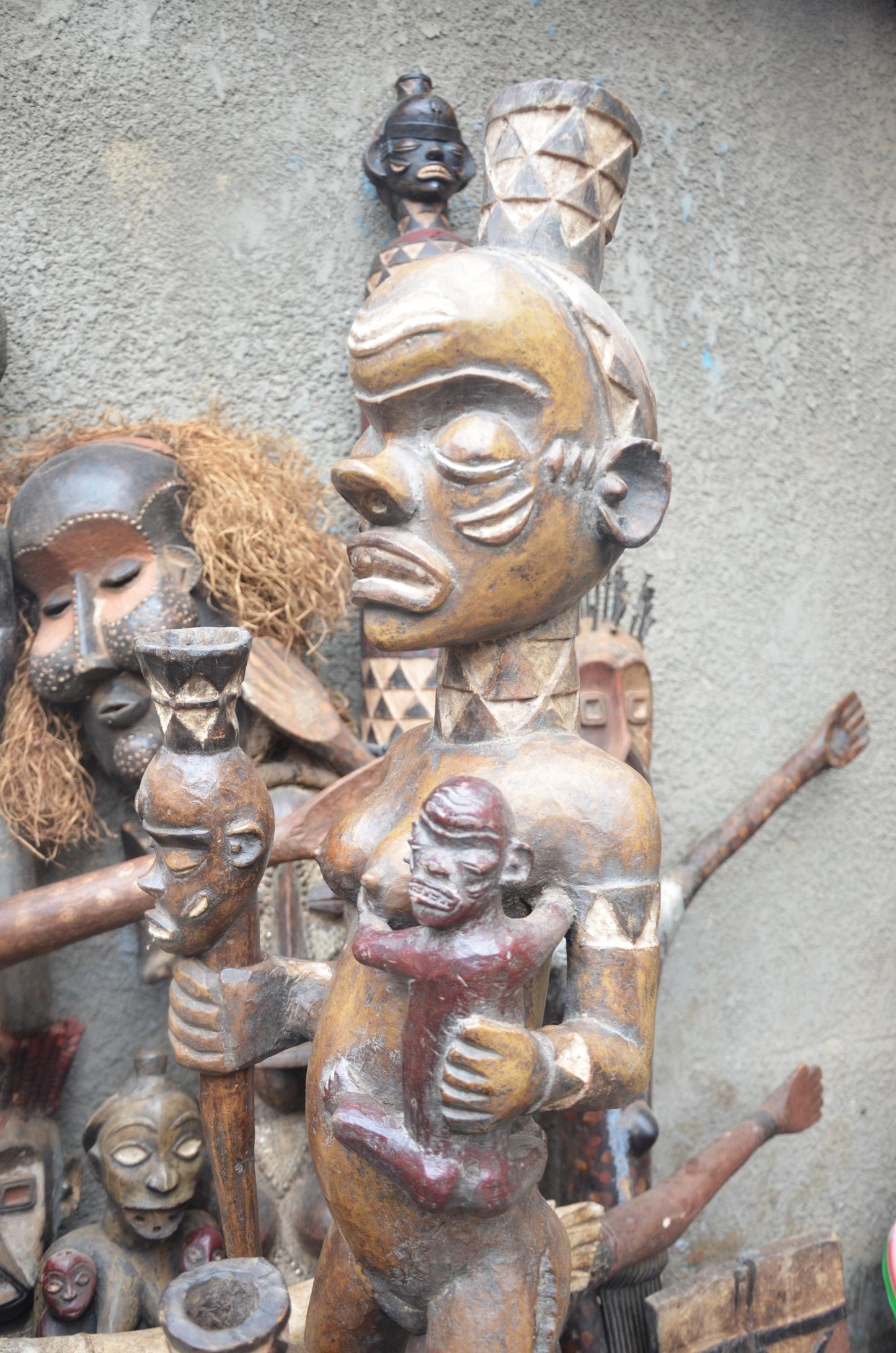 African Kongo-Yombe Maternity Sculpture – Large Wood Mother & Child Statue