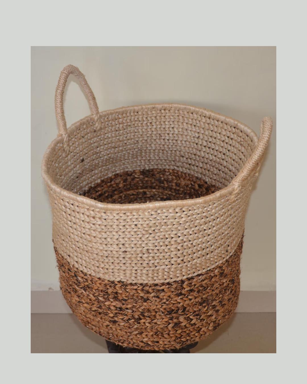 Hand-Woven Sisal Basket – Two-Tone Natural Fiber Storage Tote Organizer