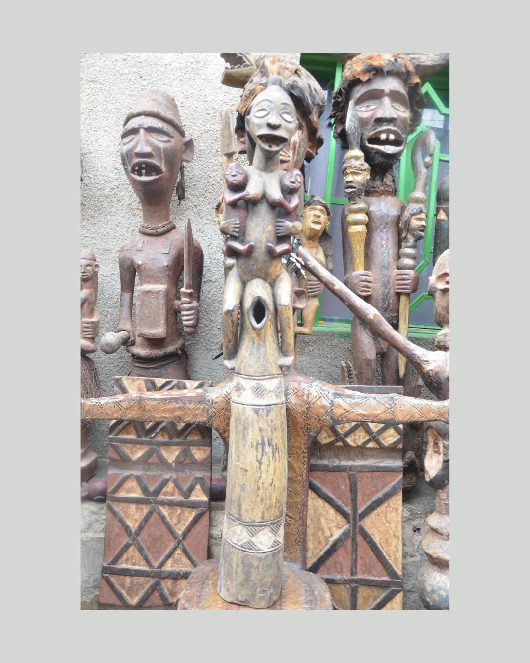 African Congo Twin Maternity Statue – Large Wood Mother with Infants Art