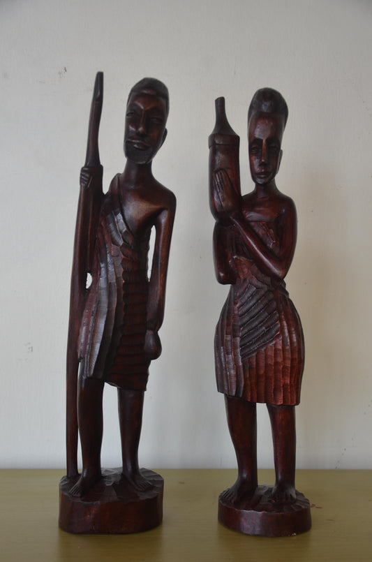 Rwandan Couple Statue | Hand-Carved Wood Cultural Figures | Rwanda Traditional Folk Art